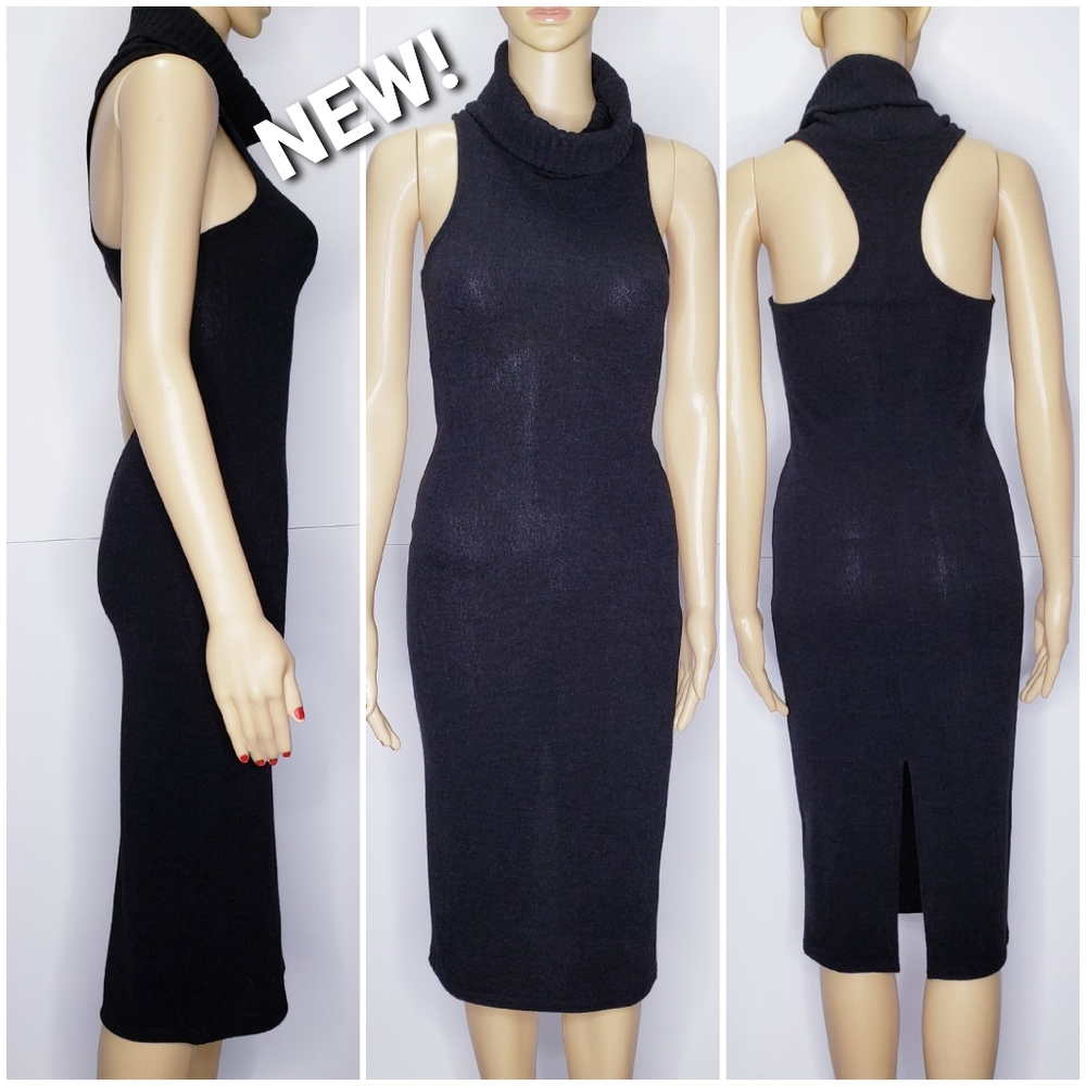 PPLA NWT! black bodicon stretchy knit loose turtleneck dress 🤍small